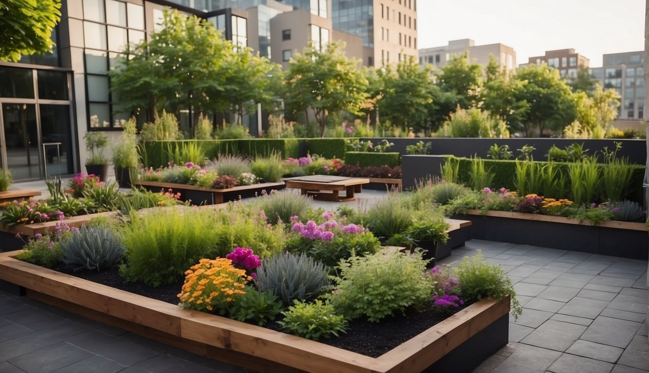 A rooftop garden with neatly arranged planters, seating areas, and a small water feature, surrounded by lush greenery and colorful flowers