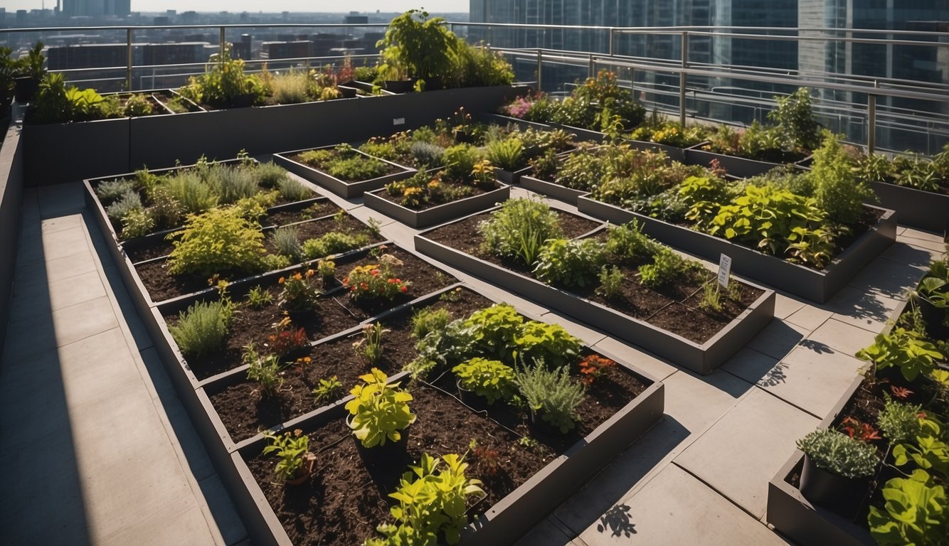 A rooftop garden with organized pathways, labeled plant beds, and clear signage for legal and logistics compliance
