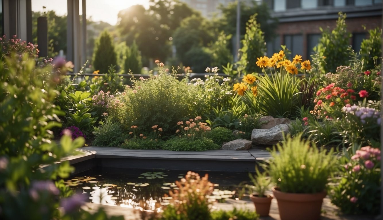 Lush plants and flowers fill the rooftop garden, attracting colorful birds and butterflies. A small pond and cozy seating areas provide a peaceful sanctuary
