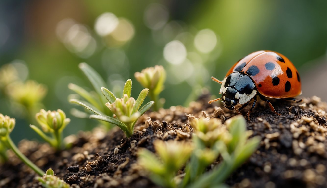 A garden with natural pest control methods: ladybugs on plants, birdhouses, and mulch to prevent pests