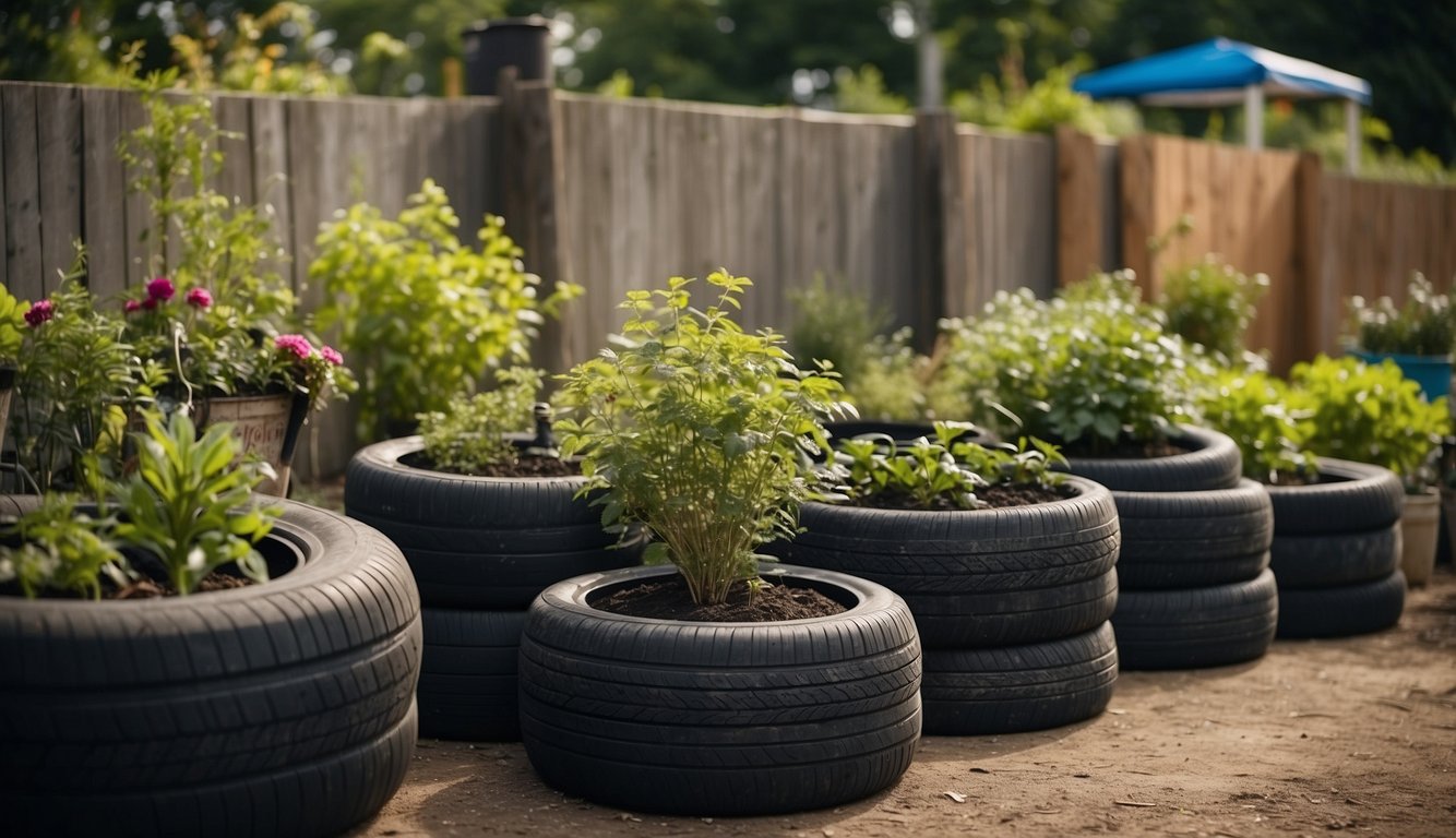A garden filled with repurposed materials: old tires turned into planters, plastic bottles used as watering cans, and compost bins made from wooden pallets