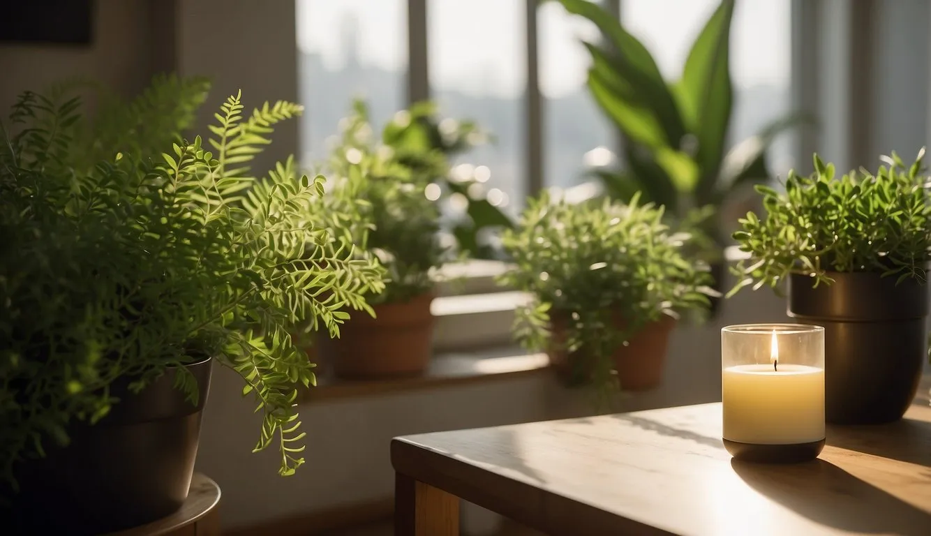 Sunlight streams through open windows, illuminating green plants and an air purifier in a clutter-free living room. Aromatic candles and essential oil diffusers add a pleasant fragrance to the air