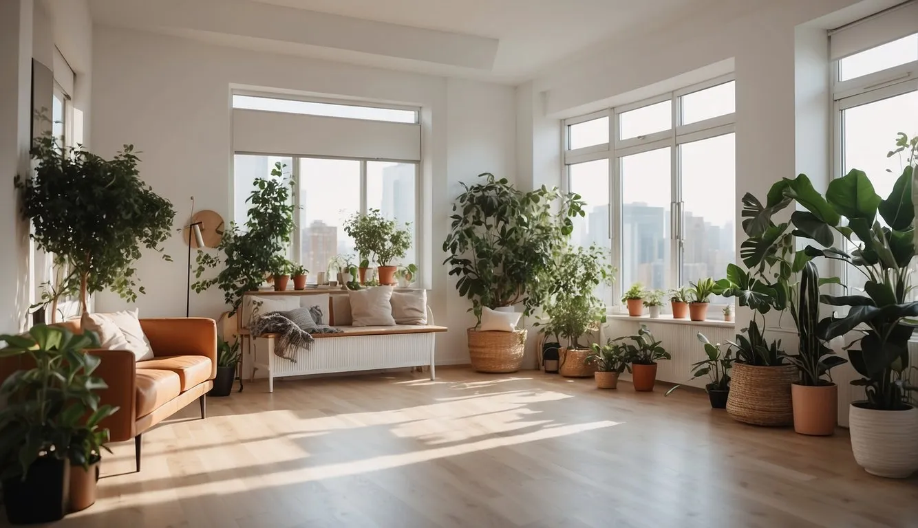 A bright, spacious apartment with open windows, plants, and an air purifier. Clean surfaces and minimal clutter create a fresh, healthy atmosphere