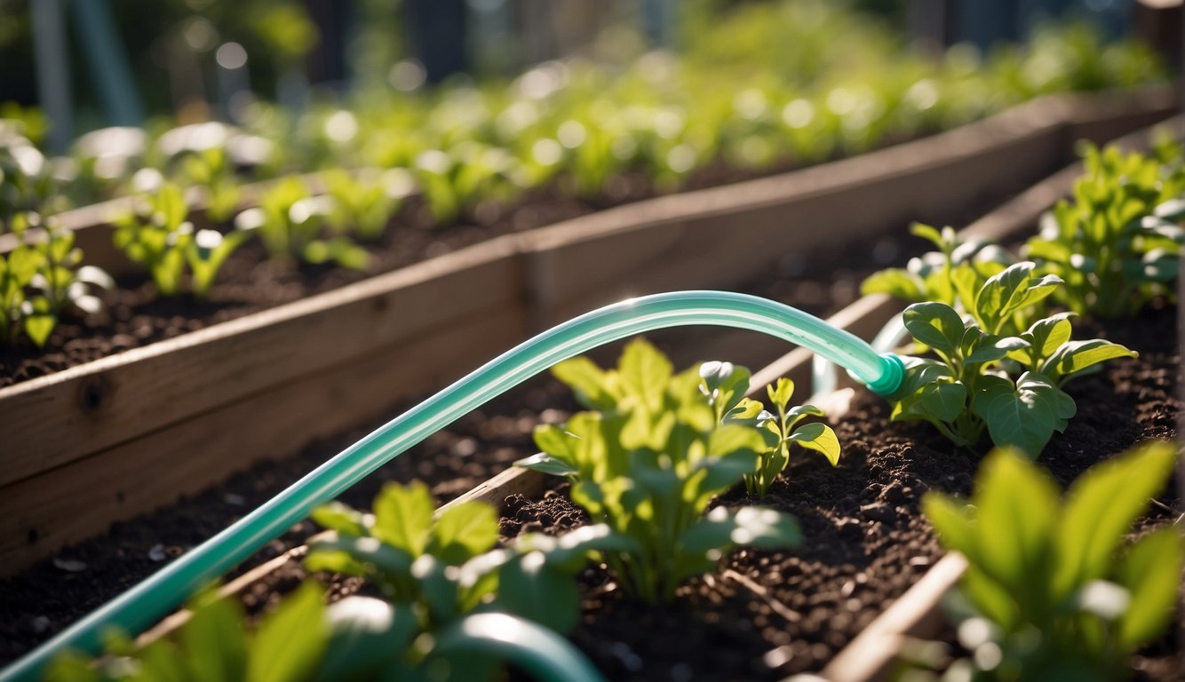 A garden hose connected to a water source and running through a series of raised garden beds, with drip irrigation lines and emitters watering the plants