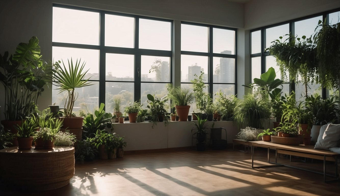 A room with plants, air purifiers, and open windows. Dust particles and pollutants are being filtered out, leaving clean and fresh indoor air
