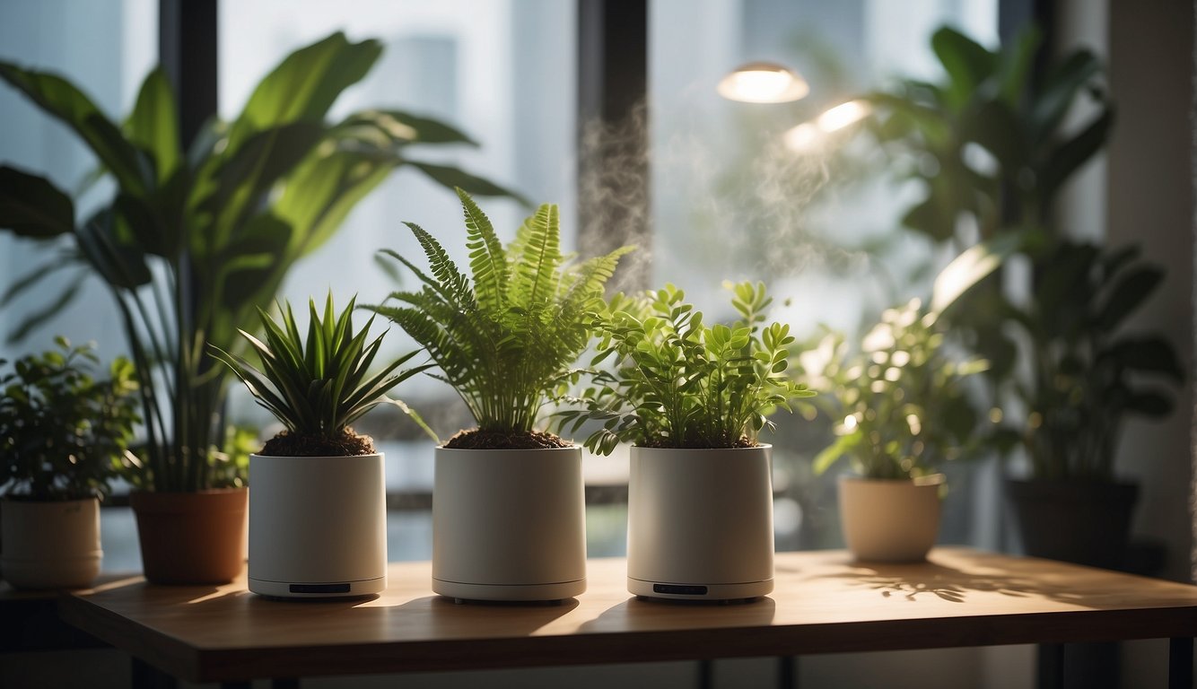 Various indoor air cleansing methods in action: air purifiers, plants, and natural ventilation. A clean and fresh atmosphere is evident