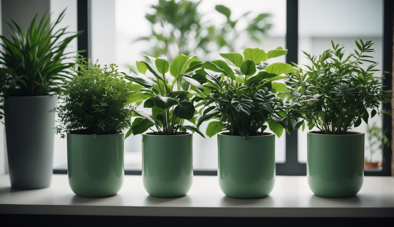 Lush green plants fill a modern, well-lit indoor space with clean lines and minimalist decor. A variety of planters and hanging pots add visual interest and depth to the design