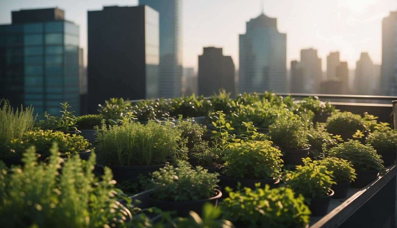 A lush green rooftop garden purifies the air, with plants and trees thriving on top of a building