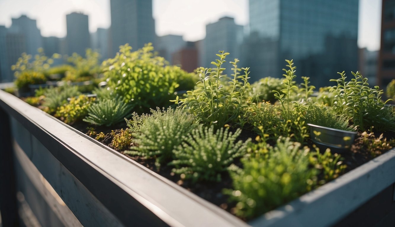 A green roof with plants purifying the air, surrounded by urban buildings