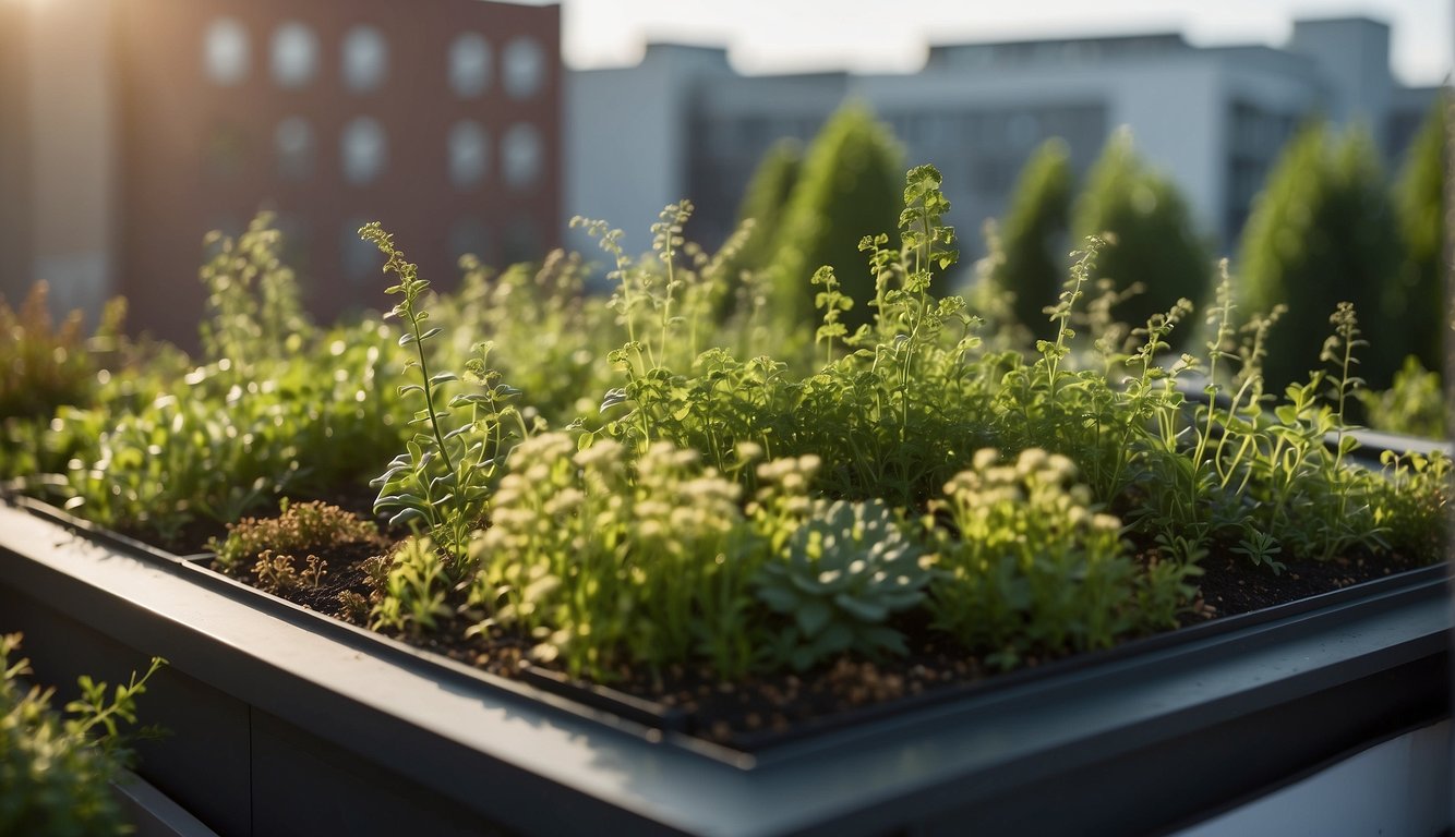 A green roof with plants purifying the air, surrounded by frequently asked questions about green roofing