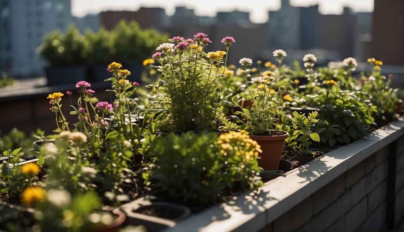 A rooftop garden with various plants and flowers, with visible signs of pest damage such as chewed leaves and wilting plants