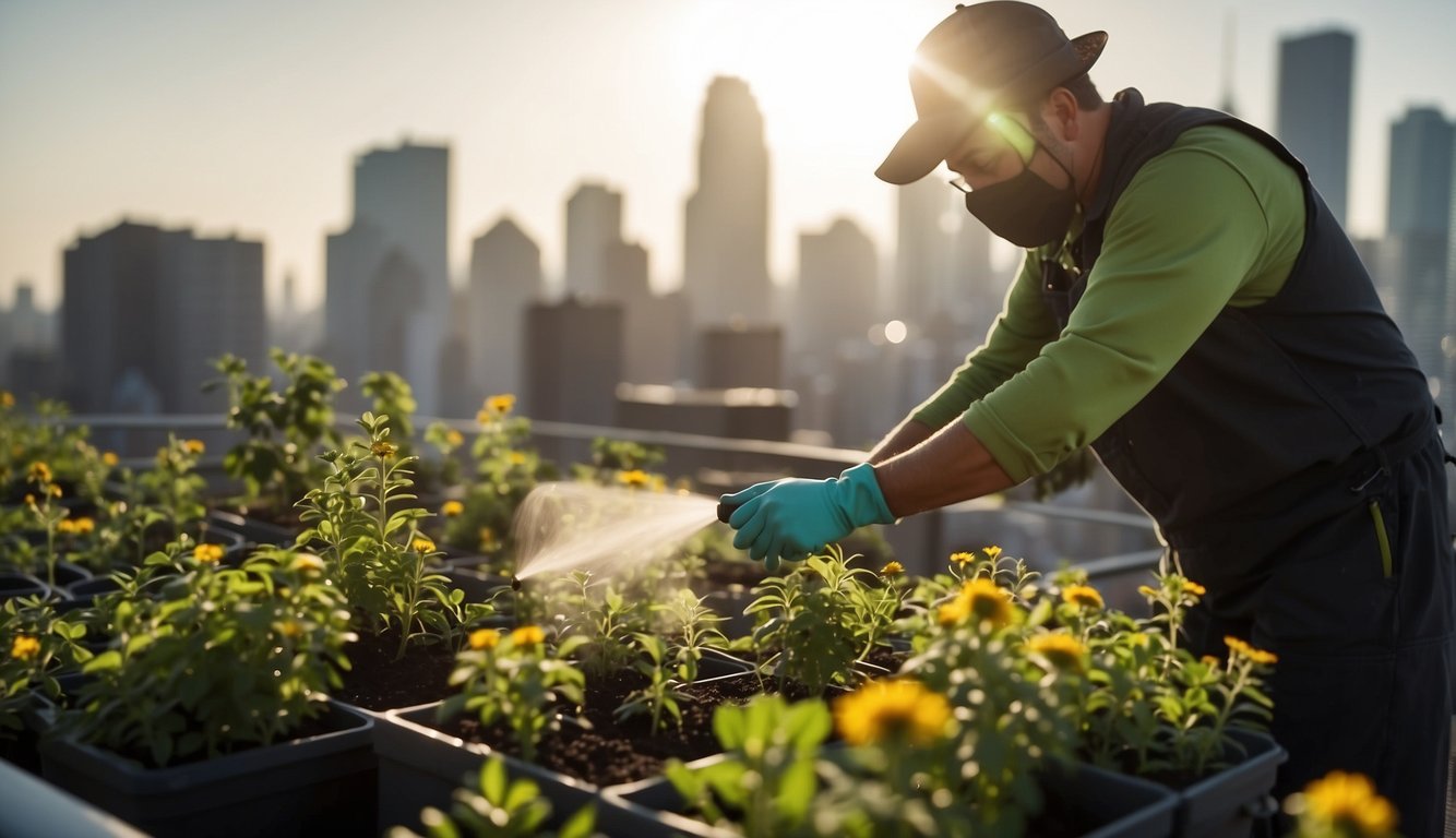 A gardener sprays organic pest control on rooftop plants. Tools, gloves, and plants are neatly arranged. Sunlight filters through the city skyline