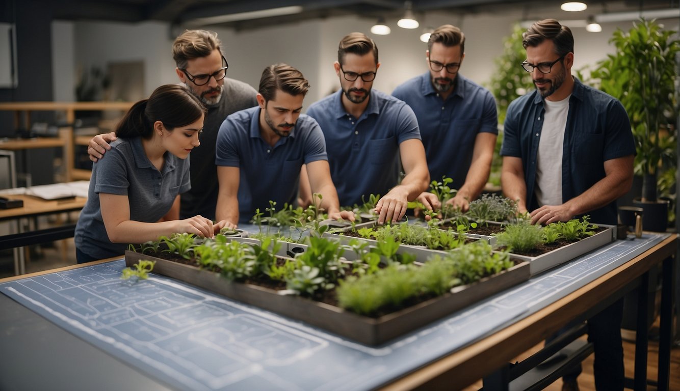 A team of architects and engineers collaborate on a blueprint for a vertical garden, mapping out the structural design and placement of planters and support systems