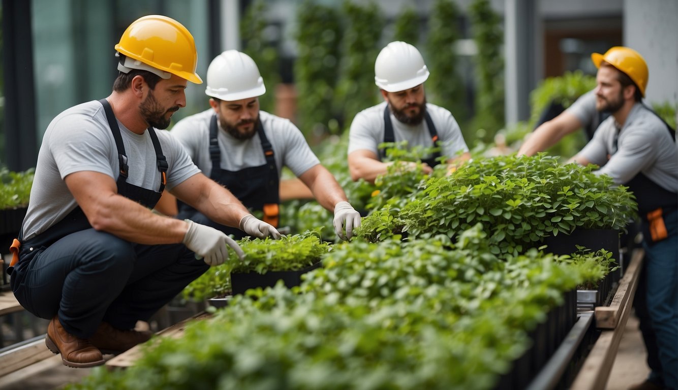 A team of workers constructs and maintains a vertical garden, carefully planning the structural layout