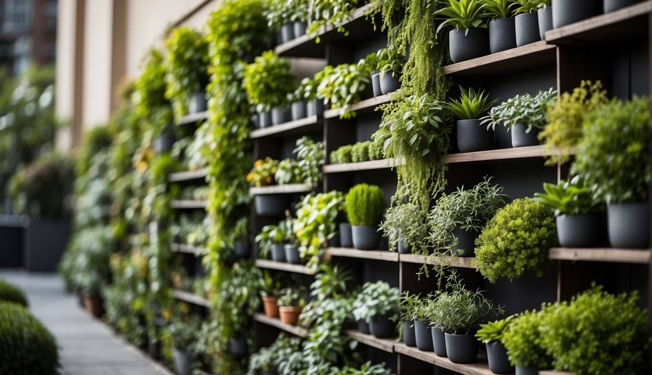 A vertical garden with various plants arranged in a structured and organized manner, showcasing the benefits of vertical gardening