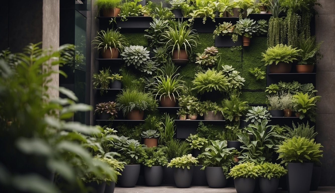 Plants and structures arranged in a vertical garden, with careful planning and placement of the various elements