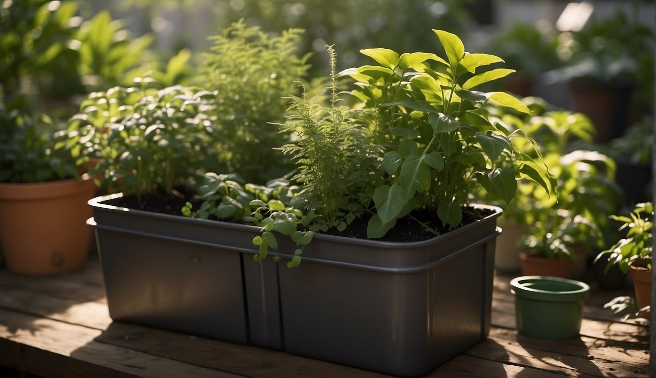 Lush green plants thrive in repurposed containers, bathed in natural light. A small compost bin sits nearby, contributing to the garden's sustainable cycle