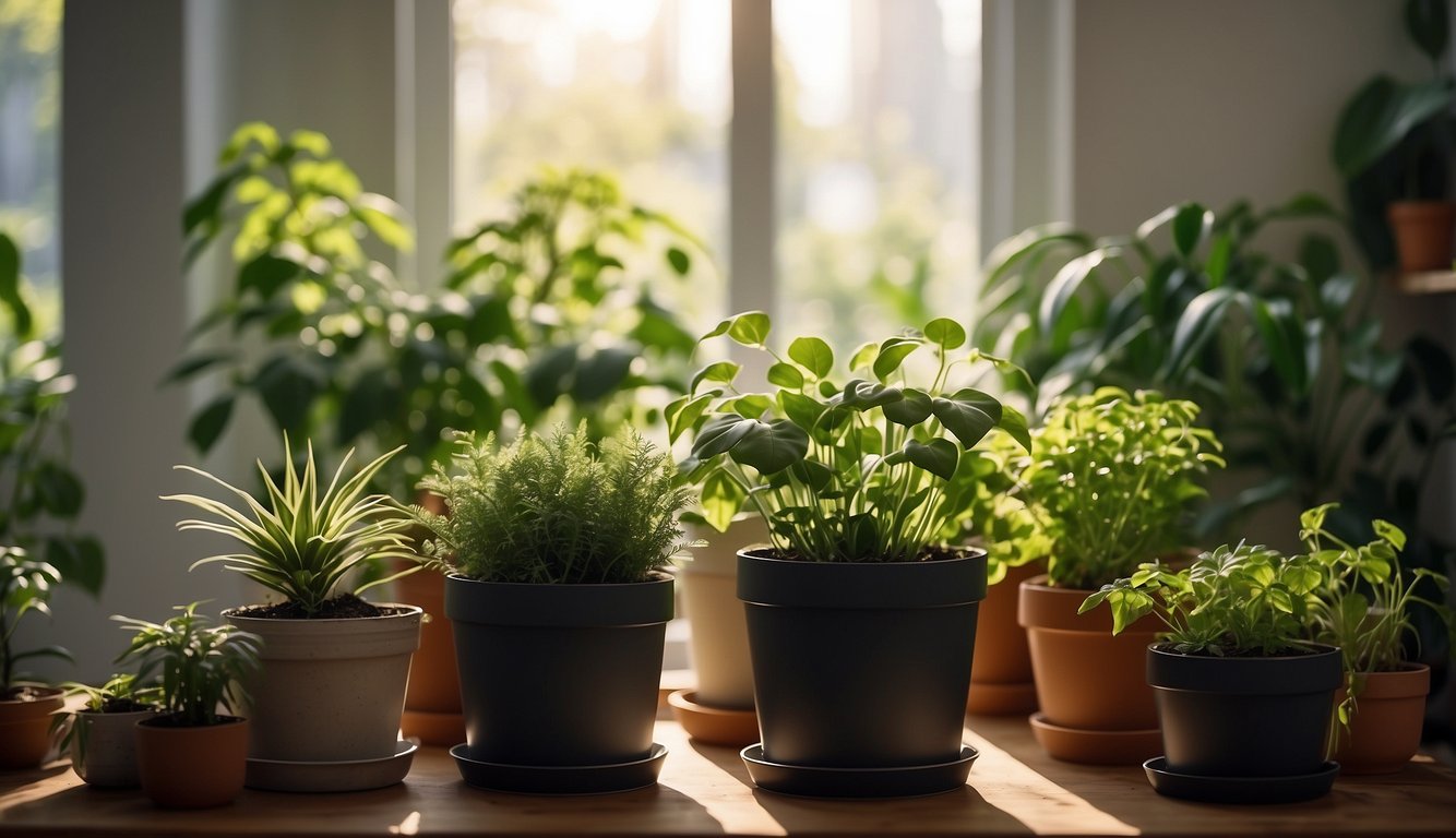 Lush green plants thrive in a sunlit room, surrounded by eco-friendly pots and natural materials. A small compost bin sits nearby, completing the sustainable indoor garden