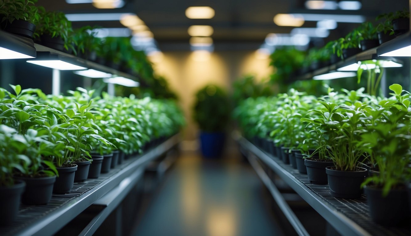 Lush green plants thrive in sleek, automated indoor garden systems. LED lights illuminate the vibrant foliage, while a nutrient-rich hydroponic system keeps the plants healthy and flourishing