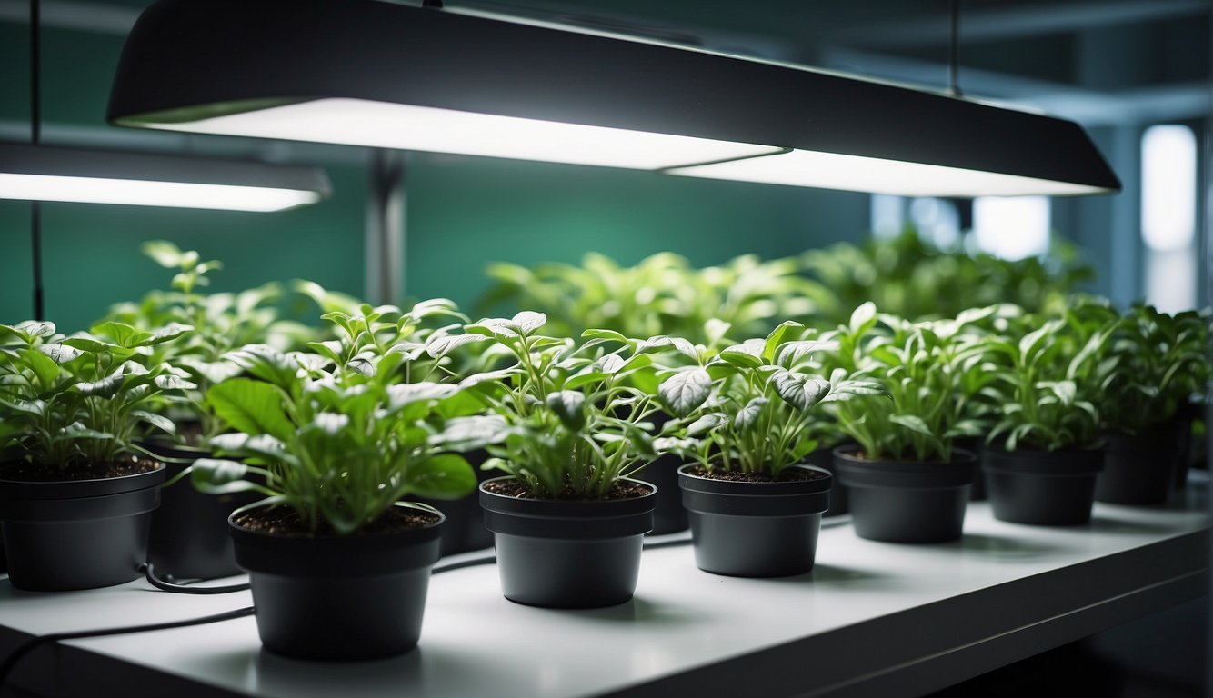 Lush green plants thrive in a clean, well-lit indoor space with hydroponic systems and LED grow lights