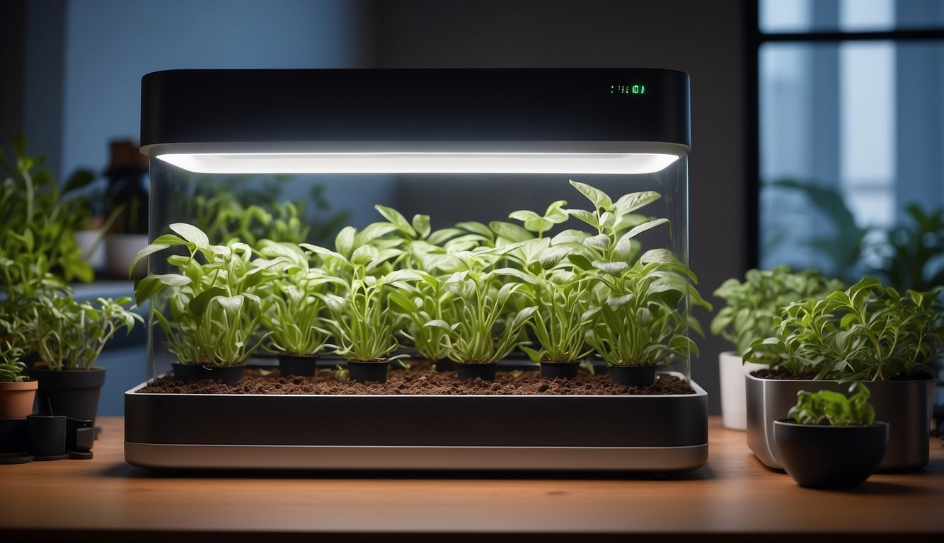 A compact, automated indoor garden system with LED grow lights, nutrient reservoirs, and adjustable plant shelves, creating a lush and efficient growing environment