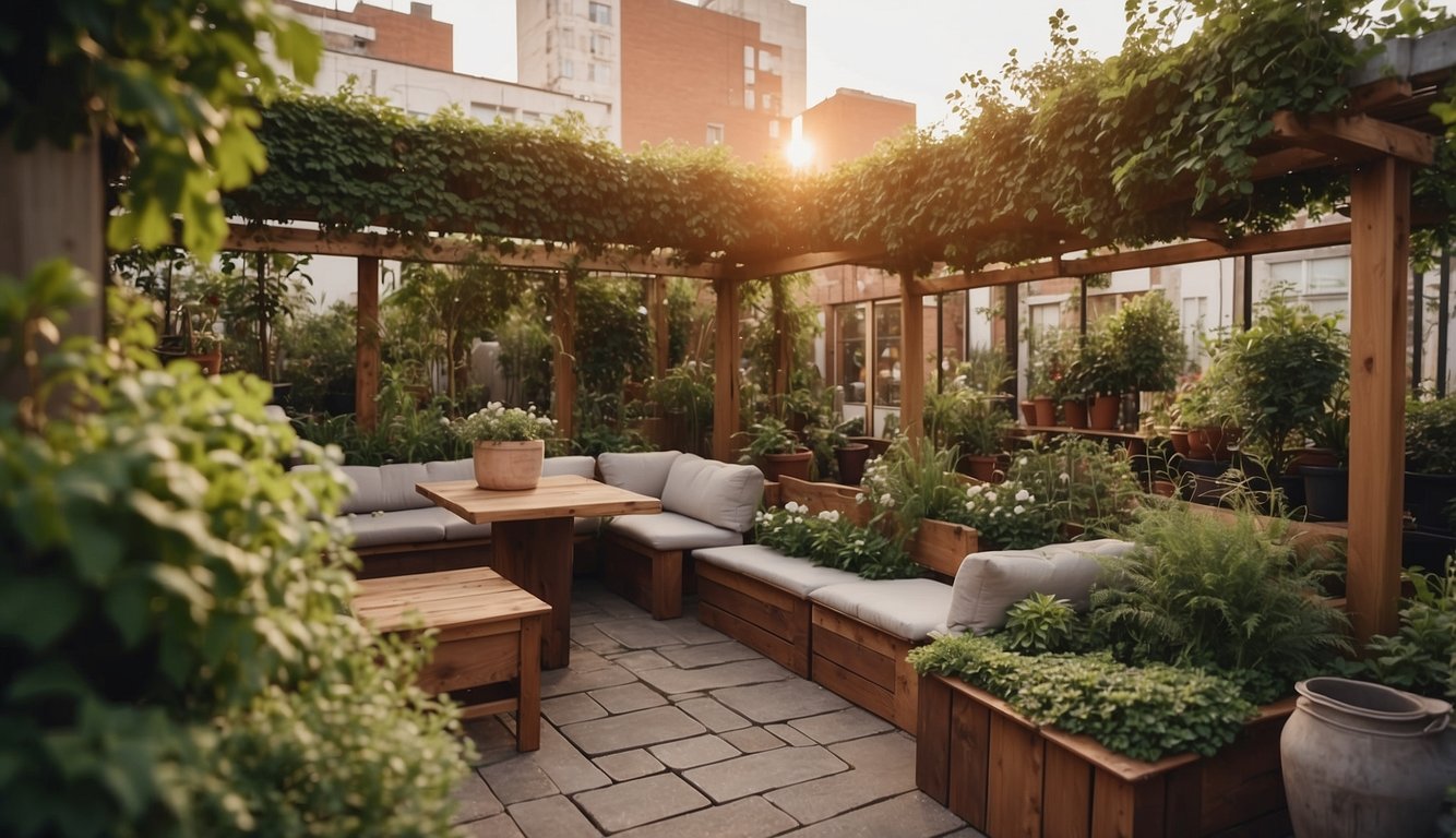 A small rooftop garden with raised beds, potted plants, and a cozy seating area. A trellis with climbing vines and a small fountain add charm to the space