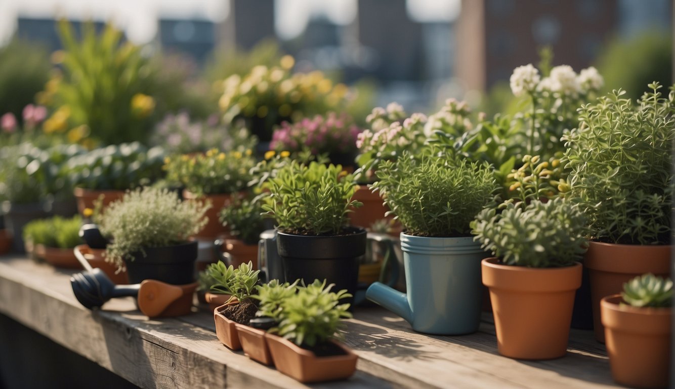 A variety of plants and flowers thrive in a small rooftop garden, surrounded by a neatly organized collection of gardening tools and supplies