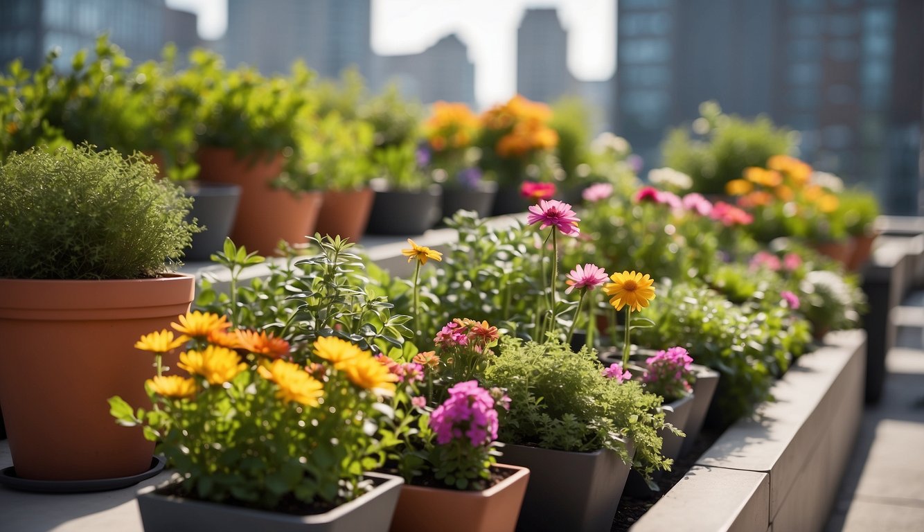A rooftop garden with neatly arranged planters, a small seating area, and a variety of colorful flowers and greenery