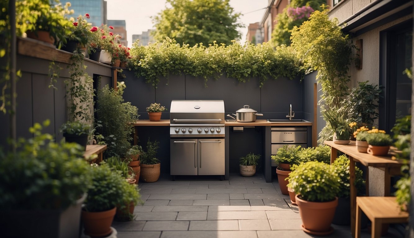 A small rooftop garden with potted plants, a cozy seating area, and a compact outdoor kitchen with a grill and dining space