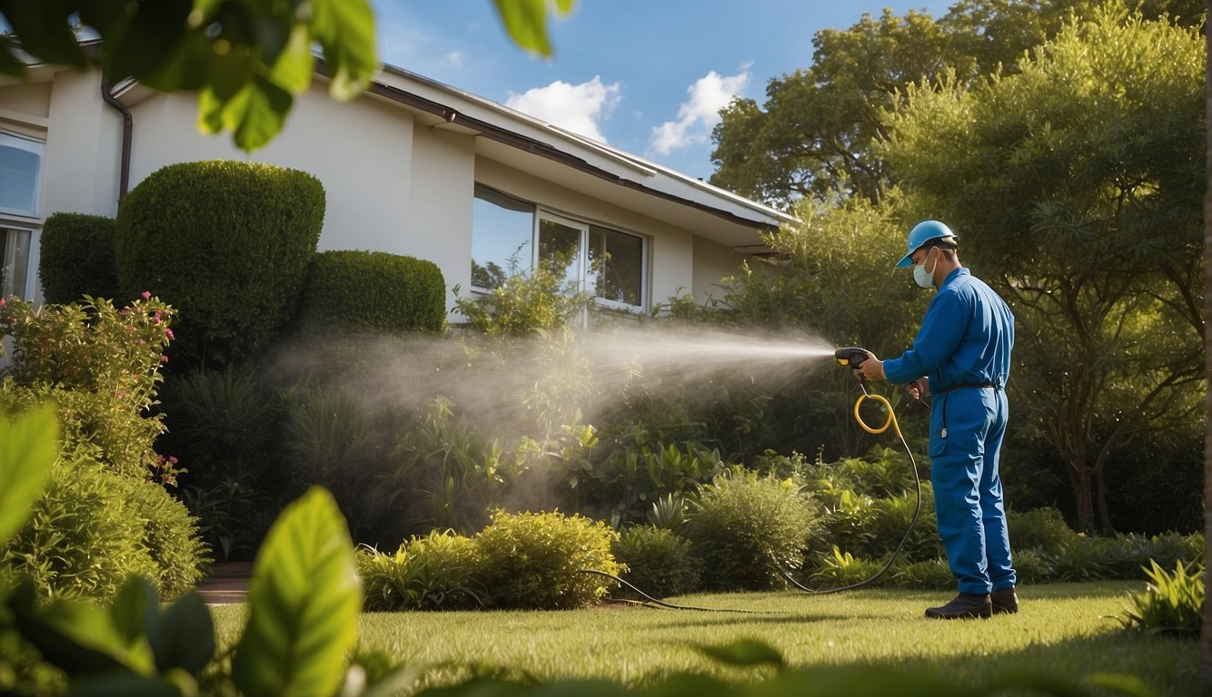A technician sprays eco-friendly solution around a house, sealing cracks and removing pests. The home is surrounded by lush greenery and a bright blue sky