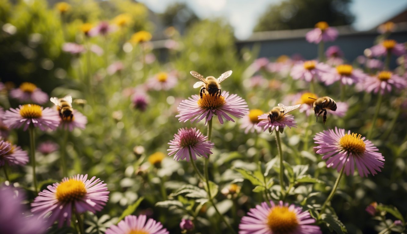 Lush rooftop gardens bloom with colorful flowers and buzzing bees. Plants attract butterflies and birds, creating a vibrant, pollinator-friendly scene
