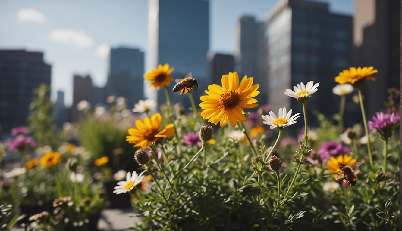 Colorful flowers bloom in rooftop gardens, attracting bees and butterflies. City buildings surround the urban oasis