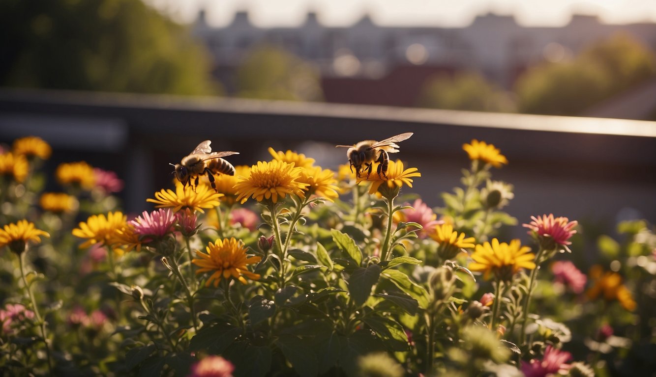 Colorful flowers bloom on a rooftop garden. Bees buzz around, pollinating the vibrant blossoms. The sun shines down on the thriving, pollinator-friendly ecosystem