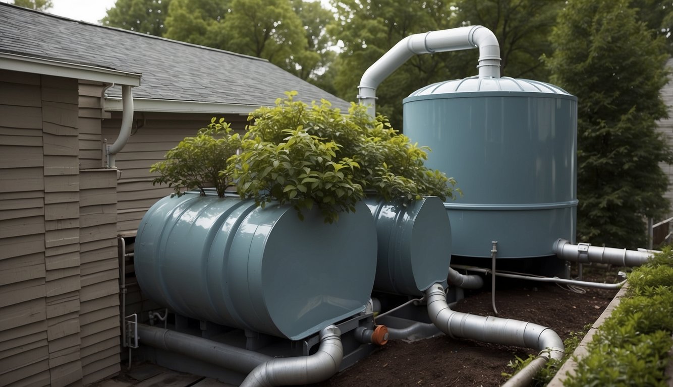 A rooftop rainwater collection system diverts runoff into storage tanks, using filters to remove debris and contaminants. Gutters and downspouts guide water to the tanks, and a pump distributes it for non-potable uses