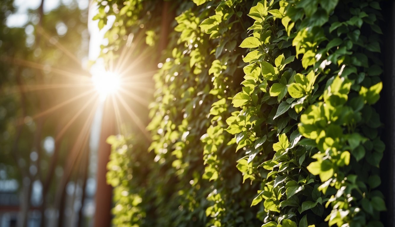 The sun shines down on a lush, vibrant vertical garden, casting dappled patterns of light and shadow on the leaves and flowers