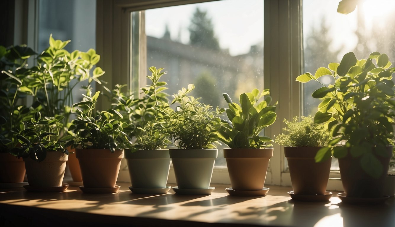 Sunlight streams through open windows, illuminating potted plants and a clear sky. A gentle breeze wafts through the room, carrying the scent of fresh air