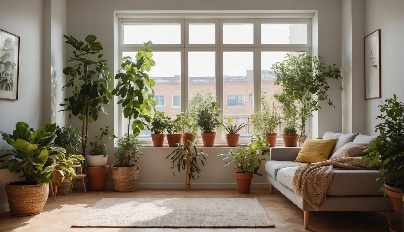 A bright, airy apartment with open windows and potted plants. Fresh air circulates, cleansing the space. Text "Frequently Asked Questions Apartment Natural Air Cleaning" is visible on a computer screen