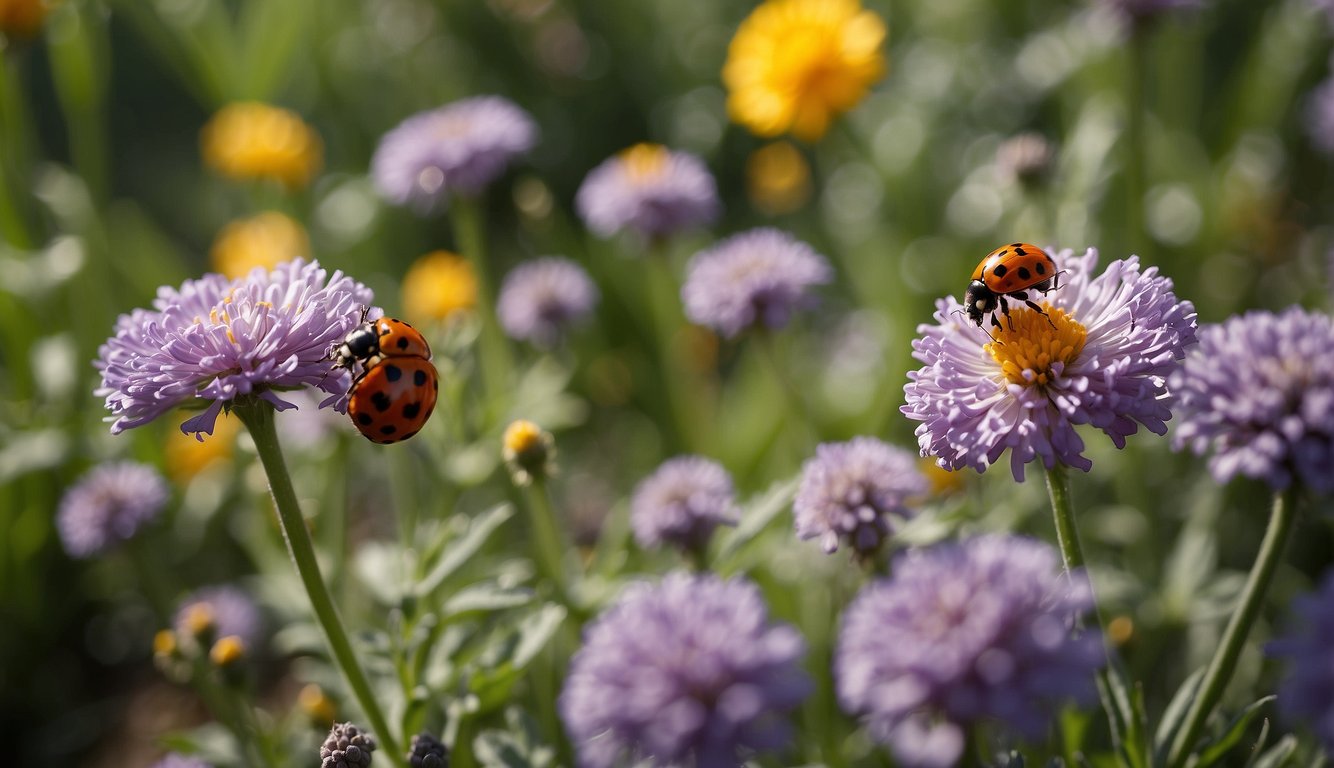 A garden with natural predators like ladybugs and birds, and plants such as marigolds and lavender to repel pests. No chemical sprays in sight