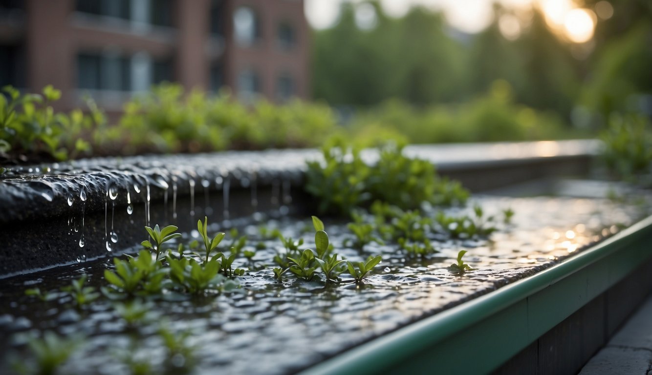 Rainwater flows smoothly off the sloped green roof, collecting in strategically placed rain gardens and permeable pavers below
