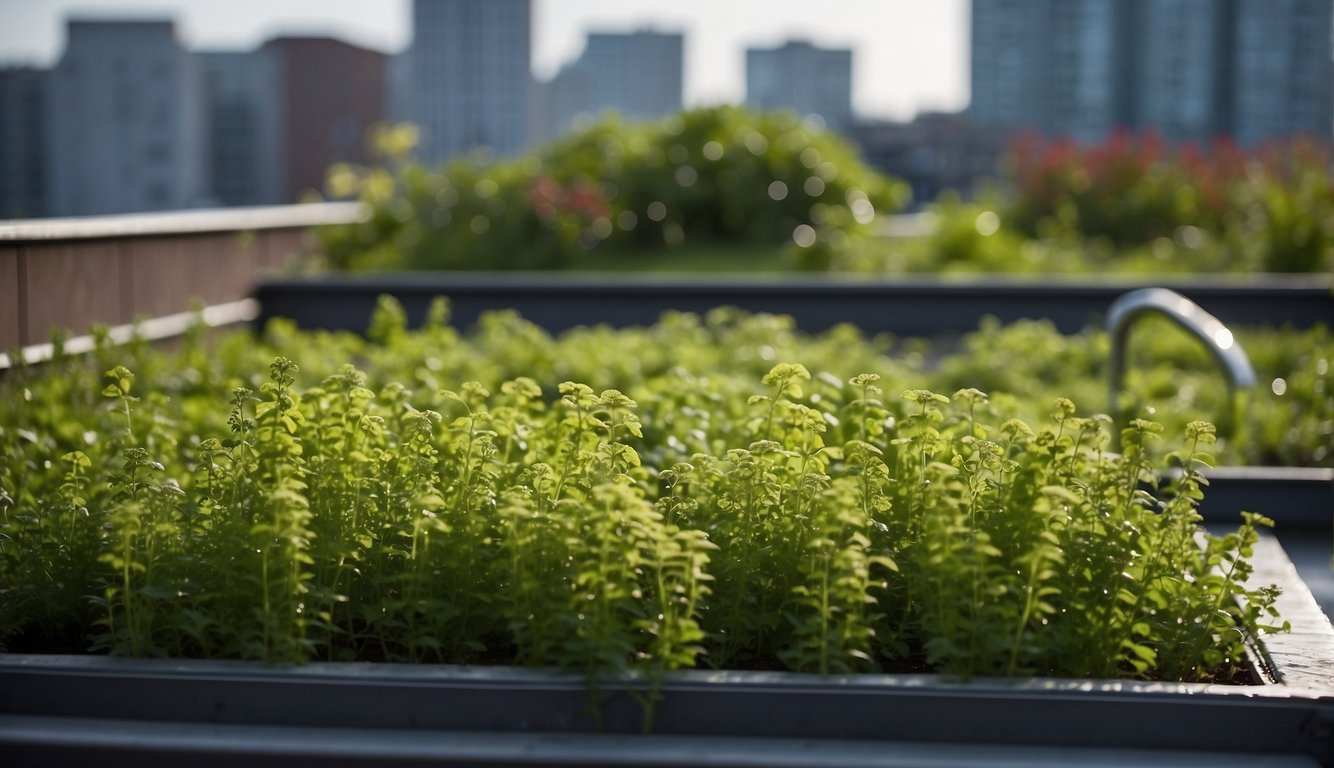 A green roof absorbs rainwater, reducing runoff. Plants thrive on a building's rooftop, providing natural stormwater management