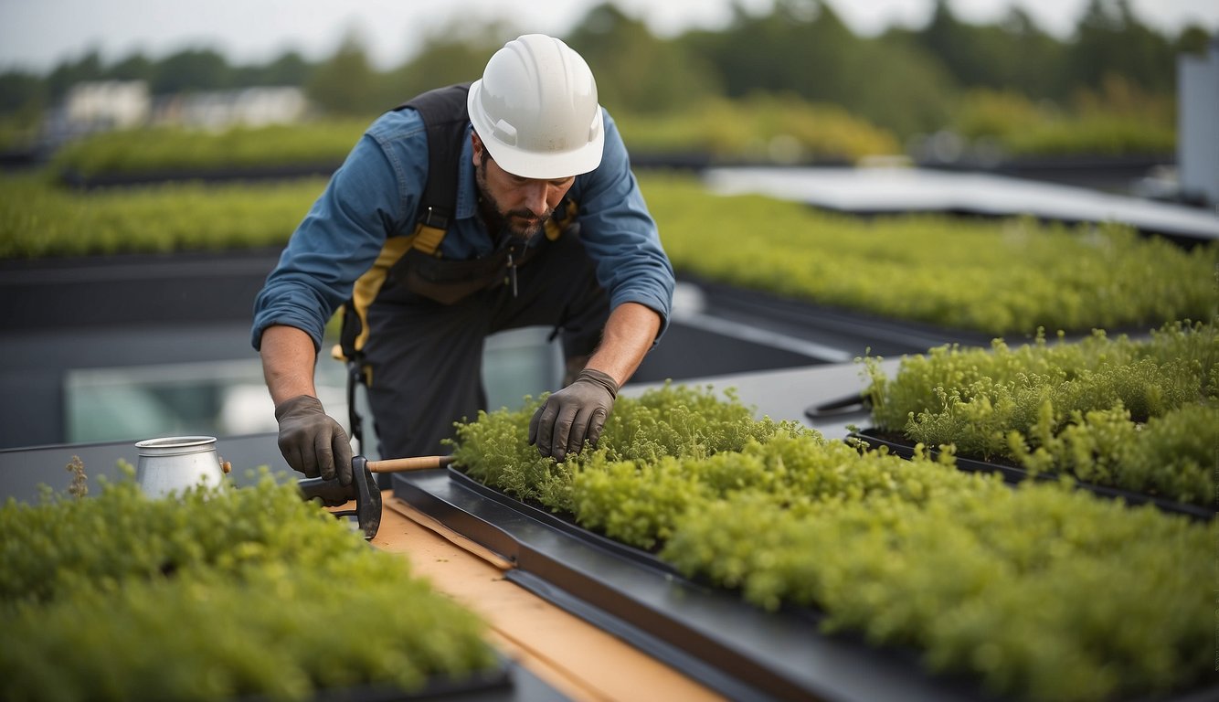 A worker applies protective coating to a green roof, surrounded by tools and maintenance equipment