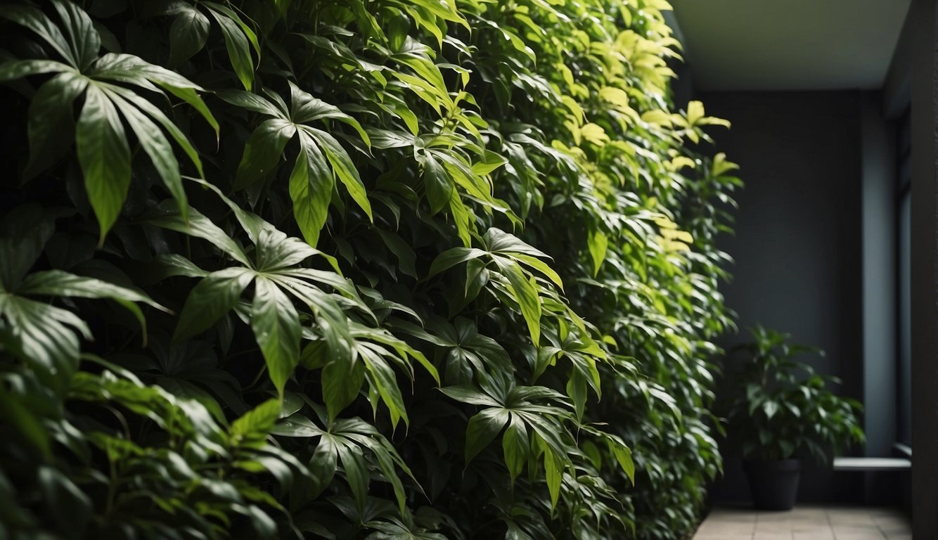 Lush green plants cascading down a sunlit wall, with bright, indirect light filtering through the leaves