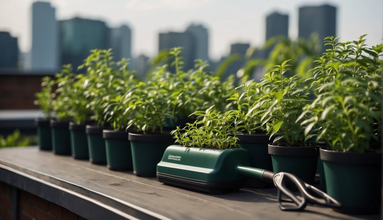Green plants thrive on a rooftop, with maintenance tools nearby. The scene exudes a sense of care and sustainability