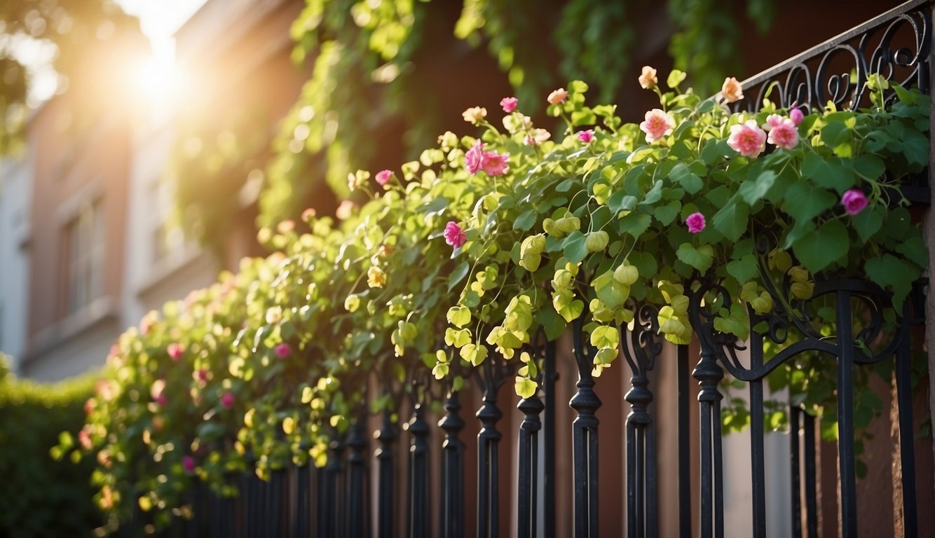 Vibrant green vines cascade over a wrought iron balcony railing, intertwining with colorful flowers and reaching towards the sun