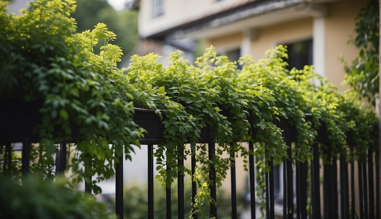 Lush green plants climb up a balcony railing, creating a vibrant garden oasis