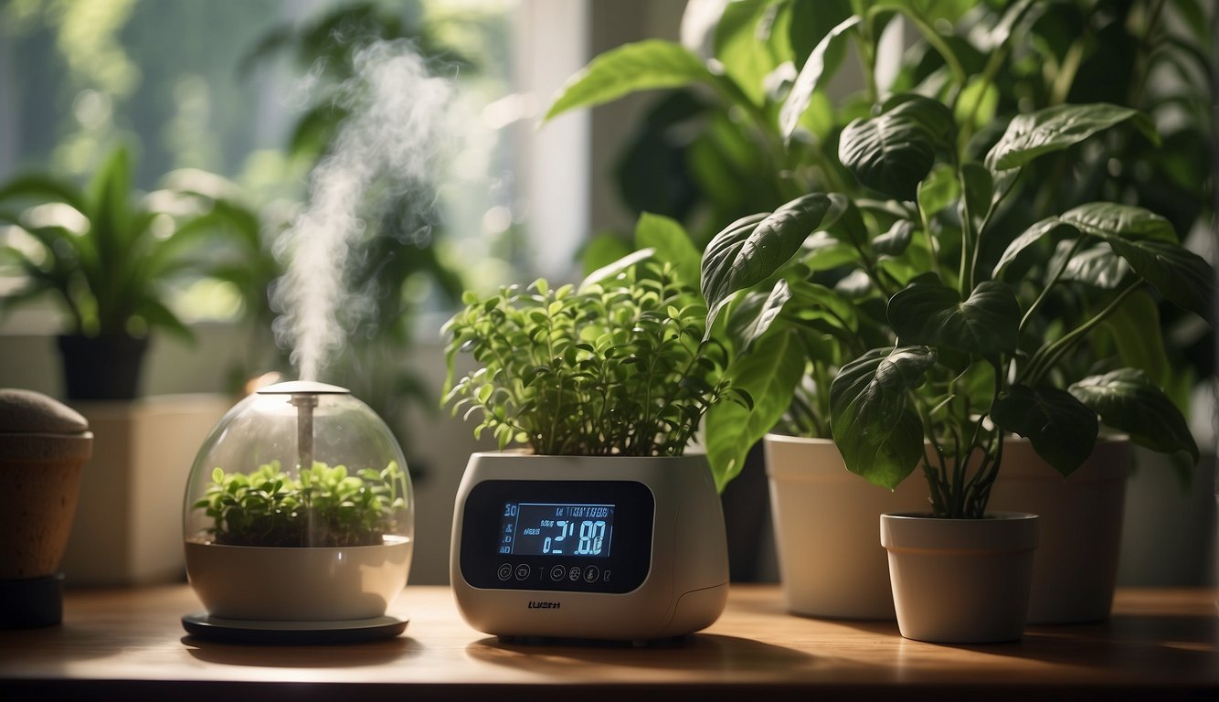 Lush green plants sit in a sunlit room, surrounded by humidifiers emitting a gentle mist. A digital hygrometer displays the optimal humidity level
