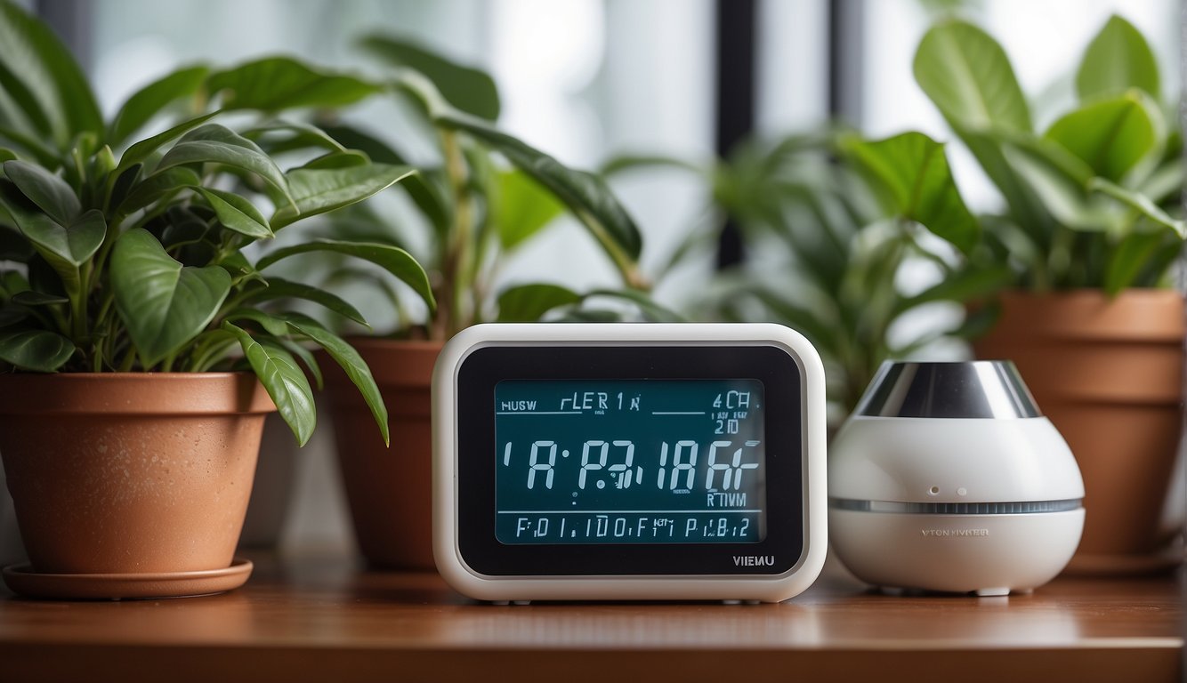 A digital hygrometer displays indoor humidity levels next to a row of lush, thriving potted plants. A small humidifier emits a fine mist, maintaining the perfect environment for the greenery