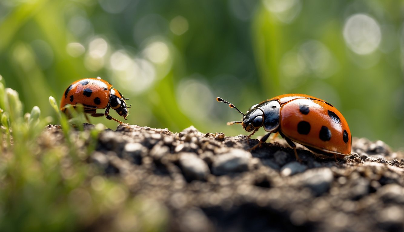 A garden with natural predators like ladybugs, birds, and frogs controlling pests without the use of chemicals