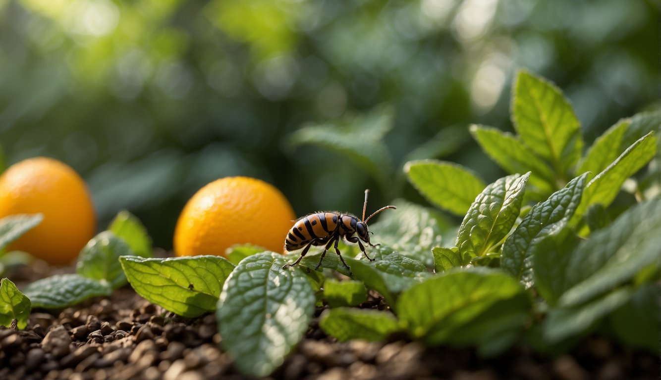 Pests scatter from a garden as natural repellents are applied. Insects avoid citrus and mint plants, while rodents steer clear of peppermint and lavender