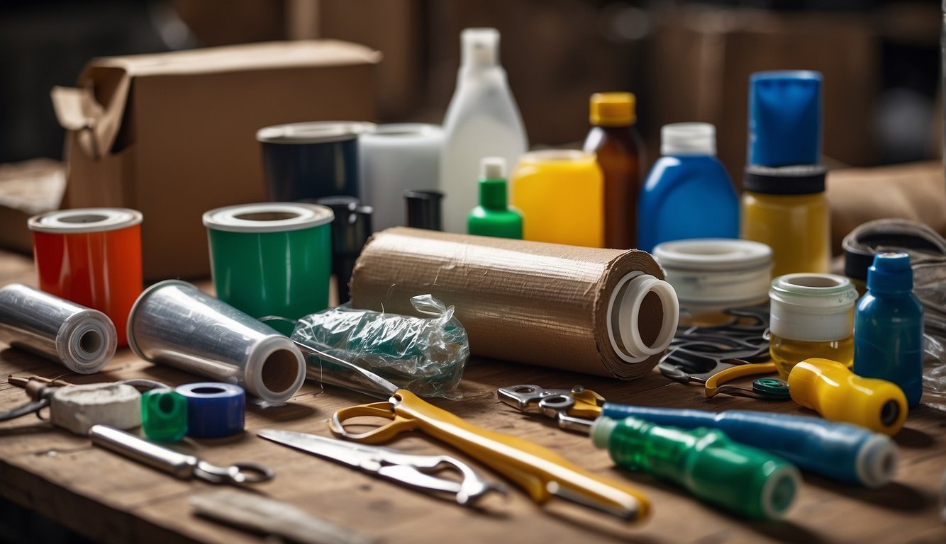 Various recycled materials like cardboard, plastic bottles, and old fabric are arranged on a table with scissors, glue, and paint nearby